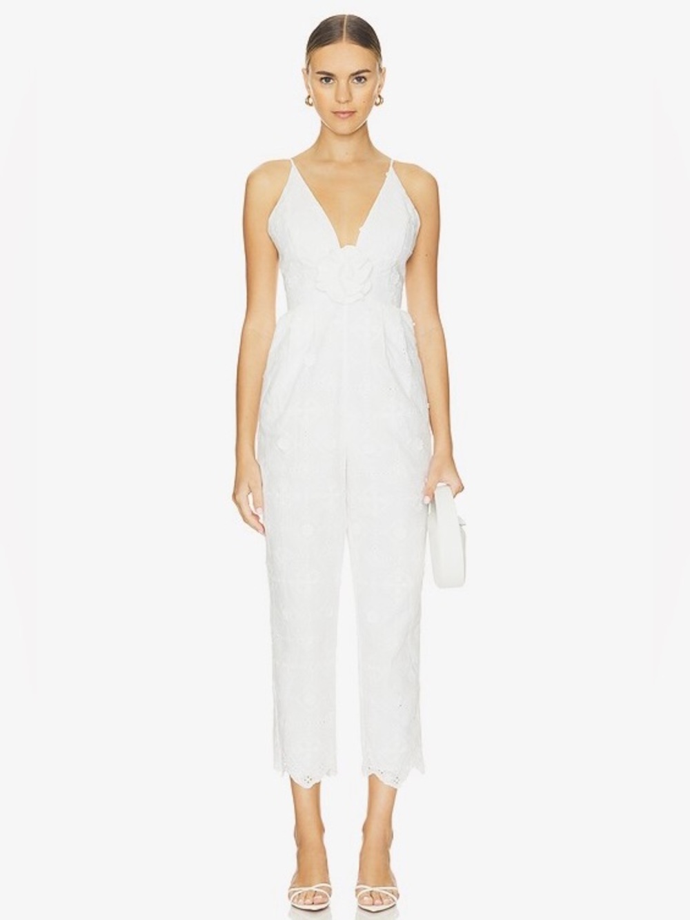 Yumi Kim cotton White Lace V-Neck Jumpsuit with Floral Applique